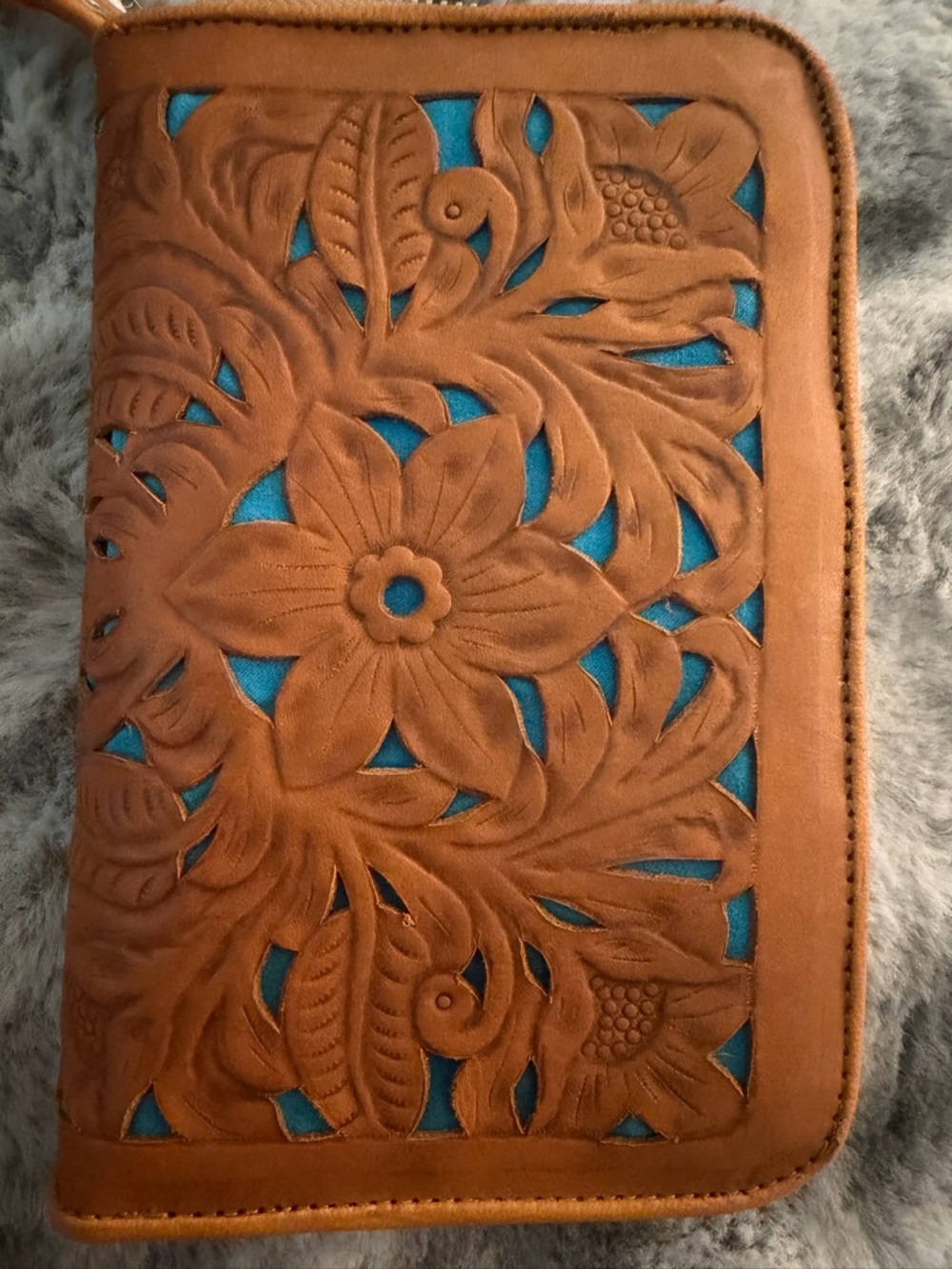New Tooled Floral Leather Zip Wallet - Tan with Teal Insets.